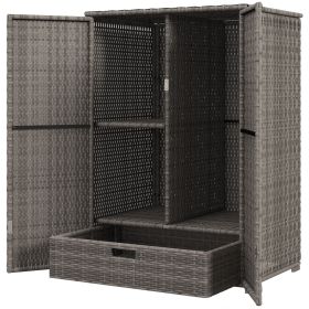 Outdoor PE Rattan Wicker Towel Rack, Pool Toy Cabinet, Hot Tub Accessory Storage, Freestanding Cabinet w/ 2 Doors & Drawer for Spa, Dark Gray - Gray