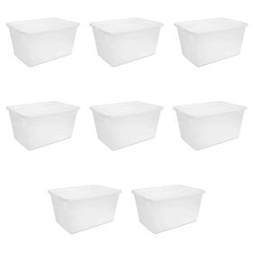 58 Quart Storage Box, Clear Plastic Storage Bin with Snap-on Lid, White - 8 Pack