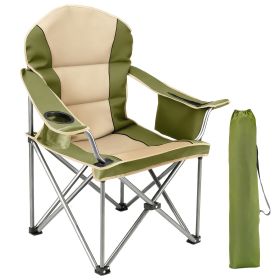 Oversized Camping Folding Chair, Heavy Duty Padded Chair with Cup Holder Storage and Cooler Bag, 5000 LBS Steel Frame, Portable for Outdoor - green