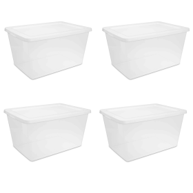 58 Quart Storage Box, Clear Plastic Storage Bin with Snap-on Lid, White - 4 Pack