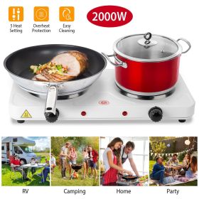 2000W Double Electric Burner Portable Dual Counter Stove Countertop Hot Plate Kitchen Cooker Stove with 5 Gear Temperature Control - White